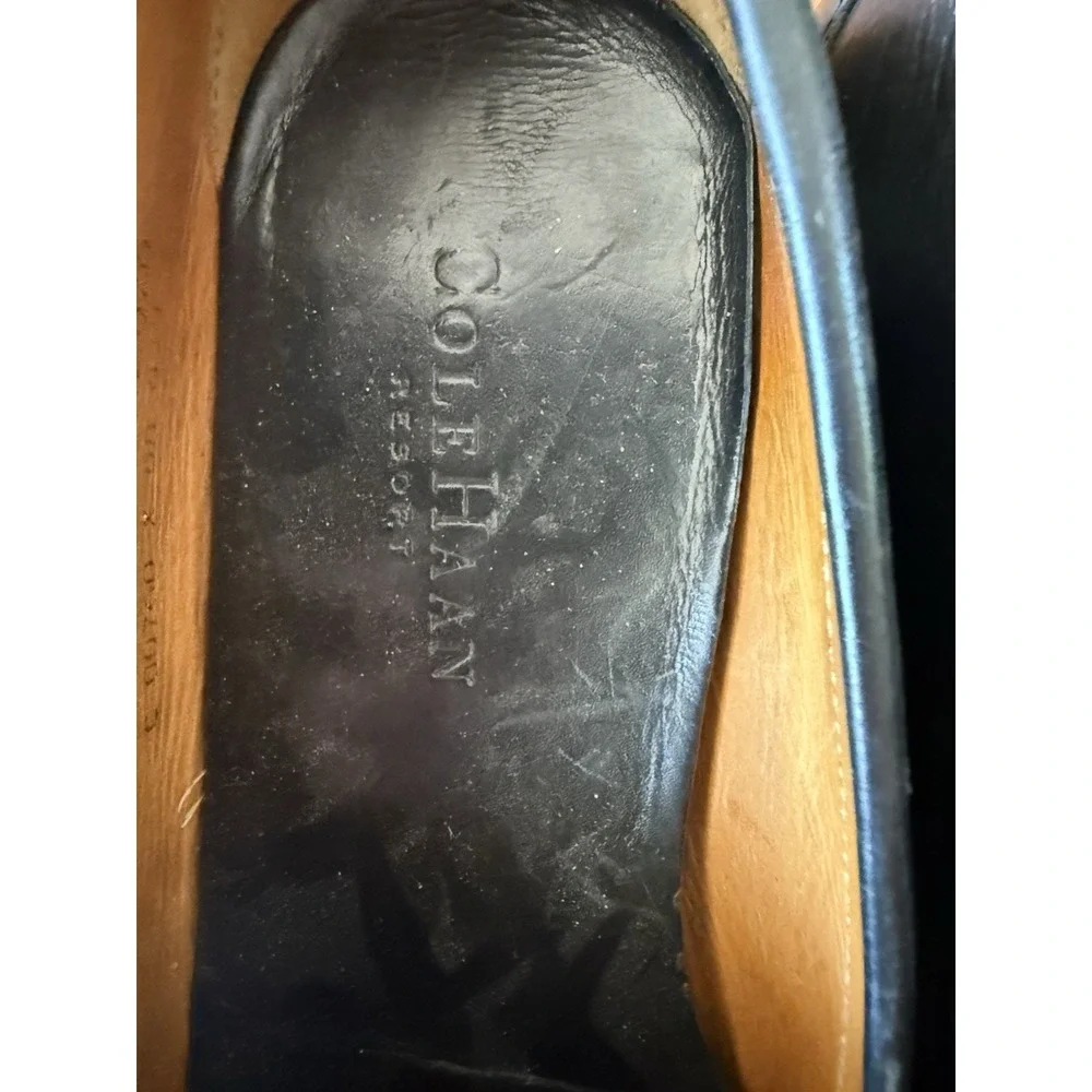 Cole‎ Haan Mens Black Leather Loafers Slip On Shoes Tassel Woven Toe Box 7 D